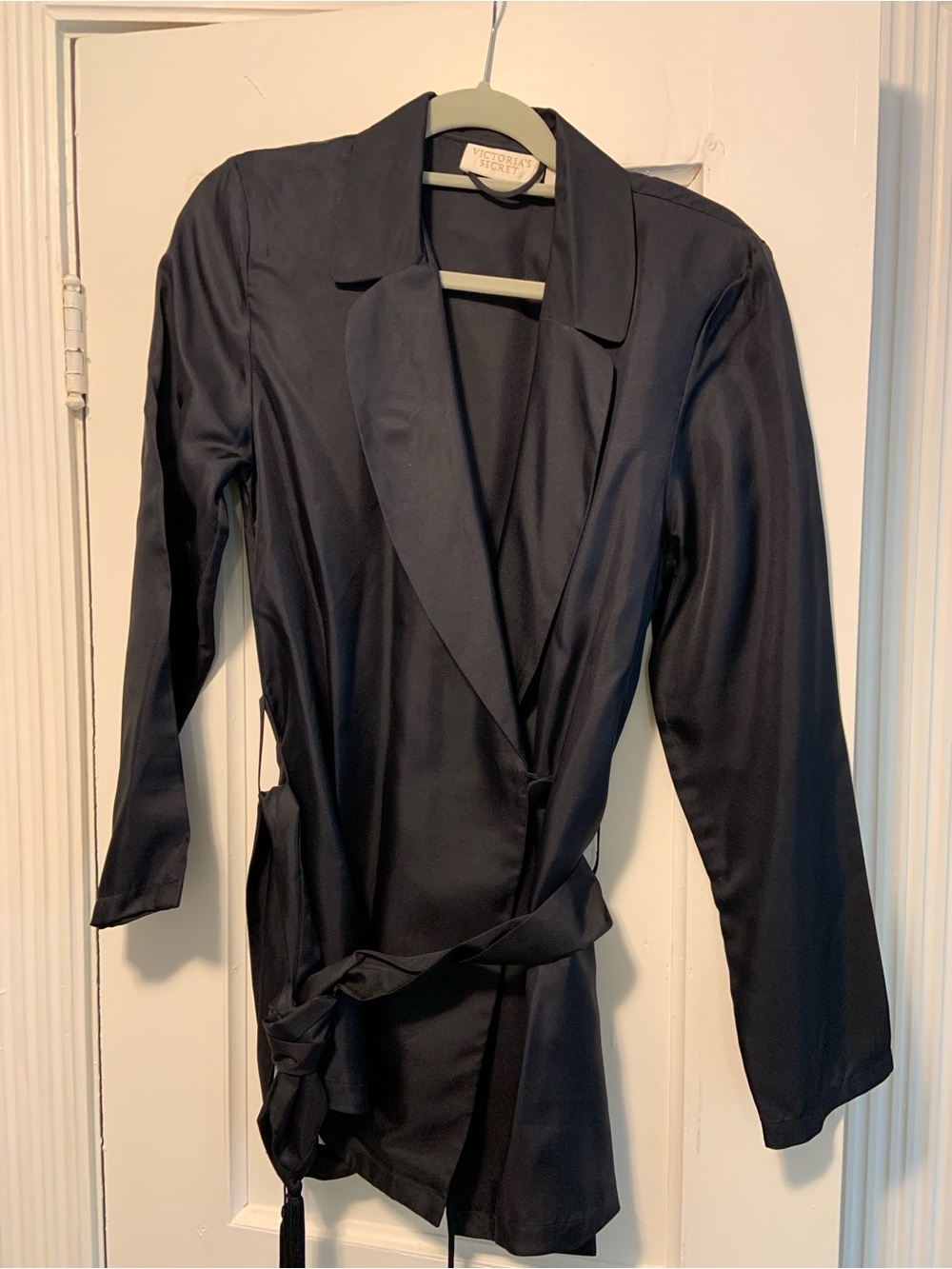 Vintage 90s Victoria's Secret Black Silk Wrap Blazer with Tassel Tie Belt